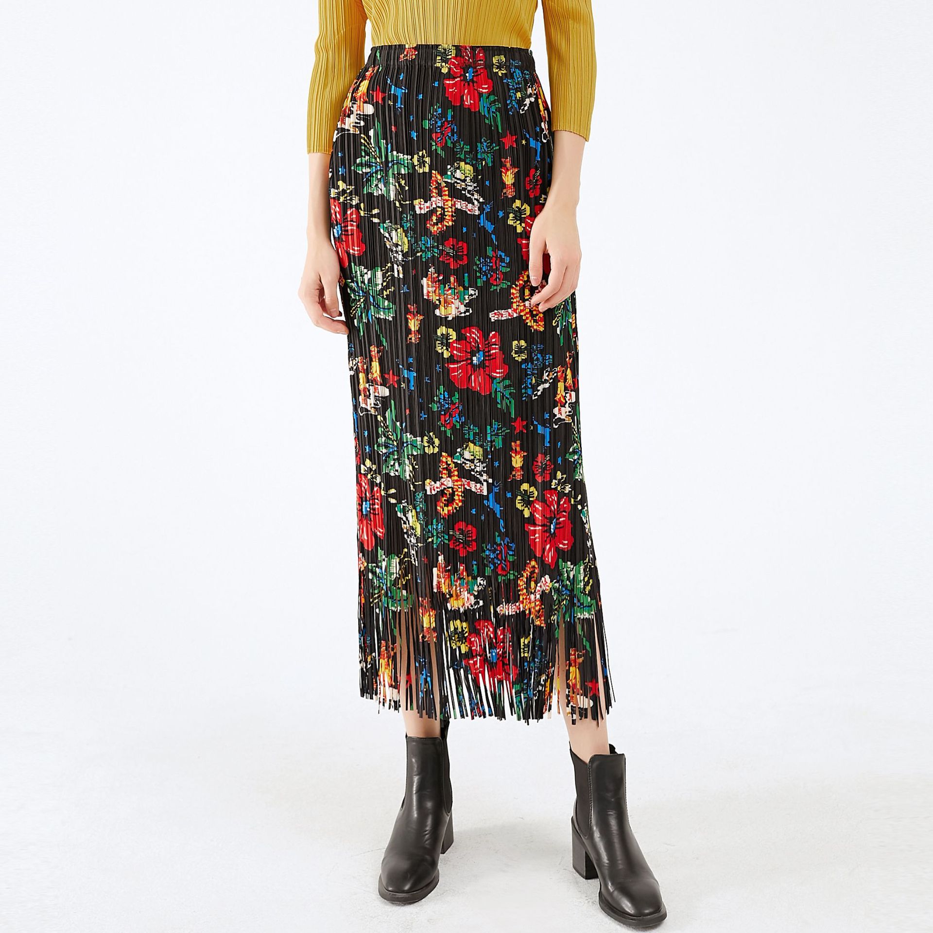 2026 Summer New Korean Style Printed Floral Skirt with Elastic High Waist, Versatile Retro Style Pleated Skirt for Women
