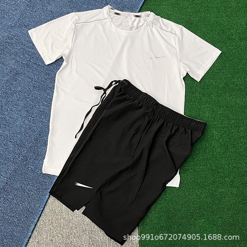 2025 Trendy Training Running Fitness Short-Sleeved Suit Sports Shorts Elastic Quick-Drying Breathable Breathable Foreign Trade Thin Men