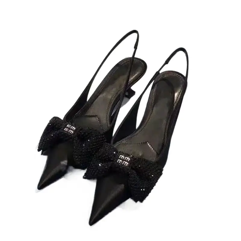 Miu shoes pointed satin stiletto heel strap leather sandals with bright diamond bow elegant French toe high heels