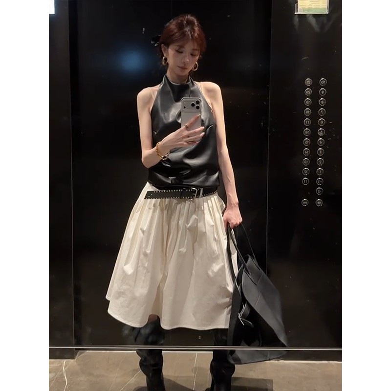 Hot Girl Style Black Halter Neck Leather Vest Top for Women Summer New High-Waisted Skirt Suit