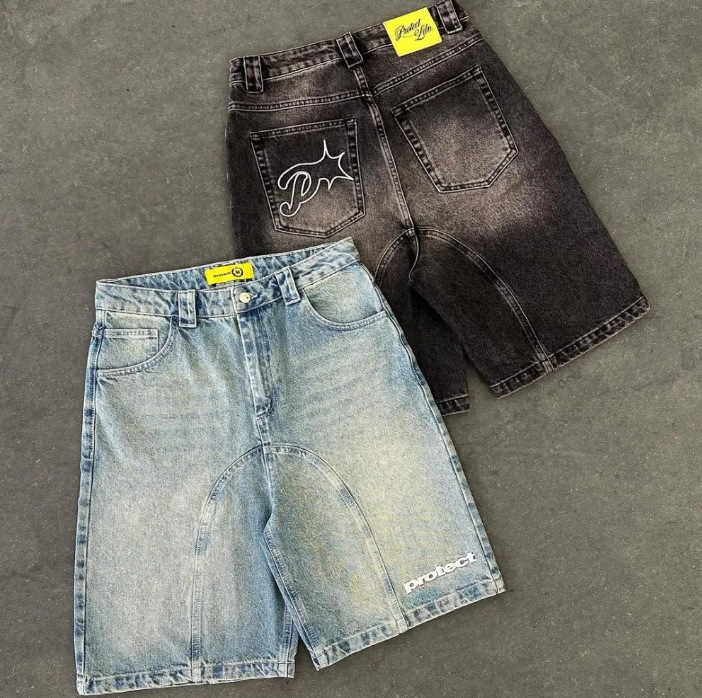 Cross-border European and American Fashion Brand Embroidered Denim Shorts Men's Street Vintage Washed and Relaxed Pants Loose All-match Pants