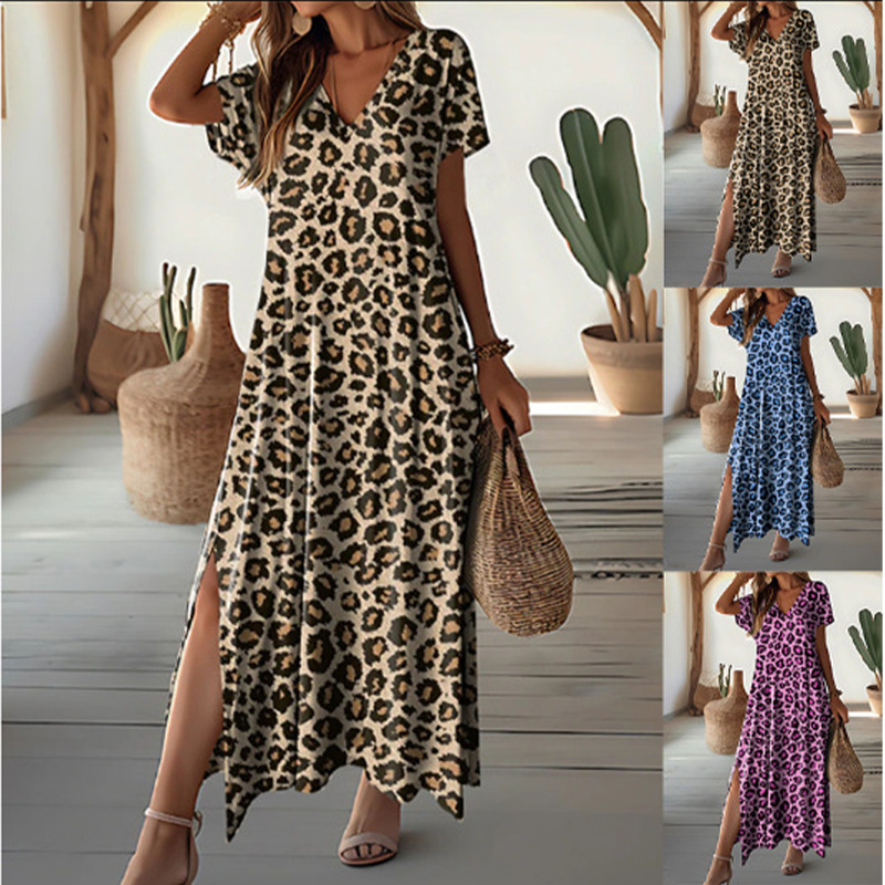 2025 European and American Summer Cross-Border Amazon Dress Casual Loose Long Skirt Printed V Neck Short-Sleeved Dress