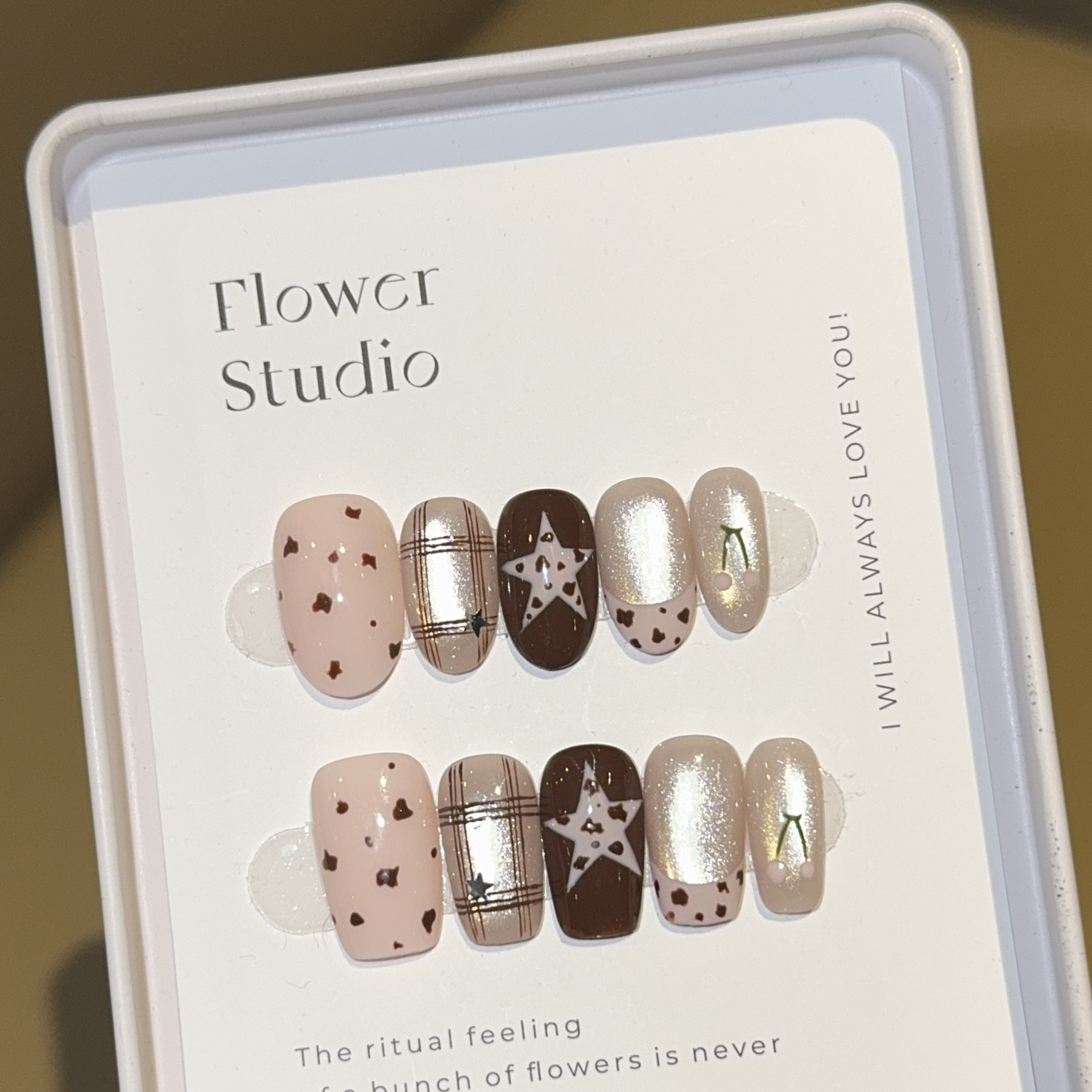 [Pink Brown Star Leopard] Brown Leopard Print French Short Style Handmade Wearable Nails Wholesale Nail Art Patch Fake Nails