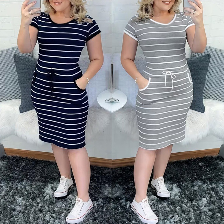 2026 Spring/Summer New European and American Style Slim Fit Plus Size Dress with Round Neck, Pockets, and Stripes Casual Women's Clothing