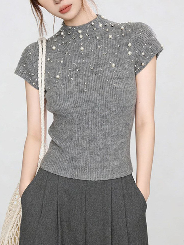 French-Style Studded Half-Turtleneck Knit Top for Women, Summer New Slim-Fit Design Short-Sleeve T-Shirt Trendy Women's Top