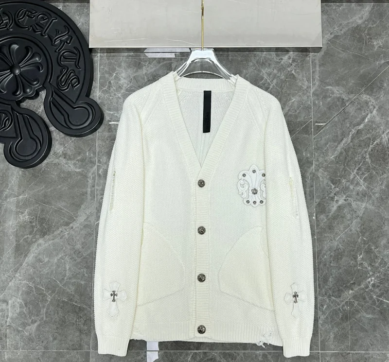Sweater Heavy Embroidered Leather V-Neck Sweater Jacket