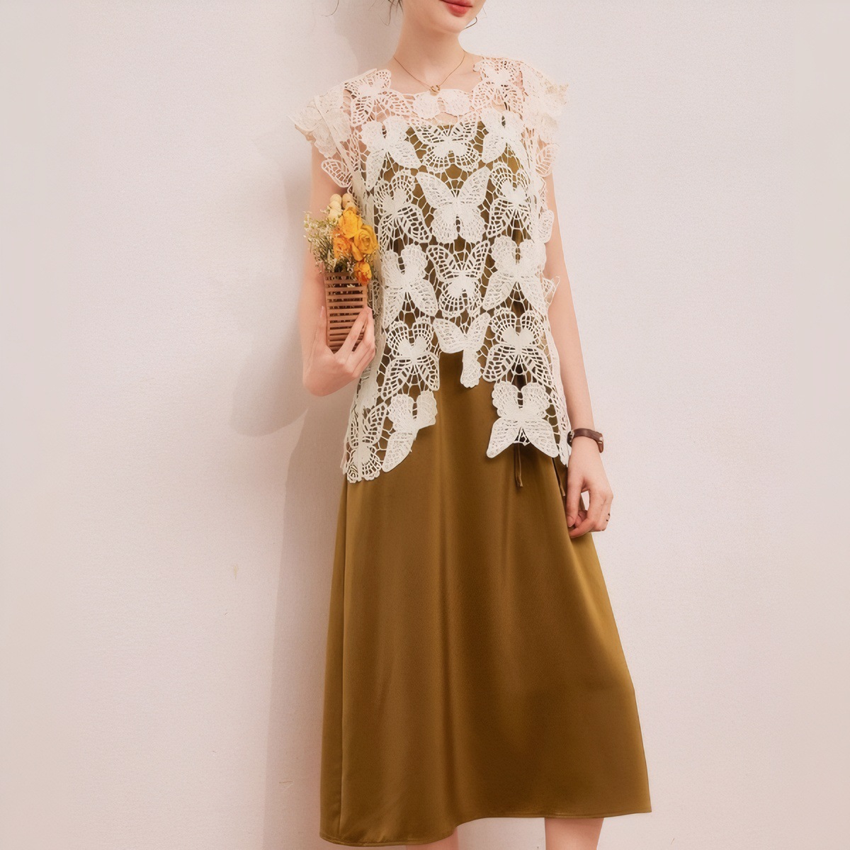 French-Style Elegant Hollow Lace Camisole Dress for Women, Summer 2025 New Model, Stylish Ladies' Tank Dress Set