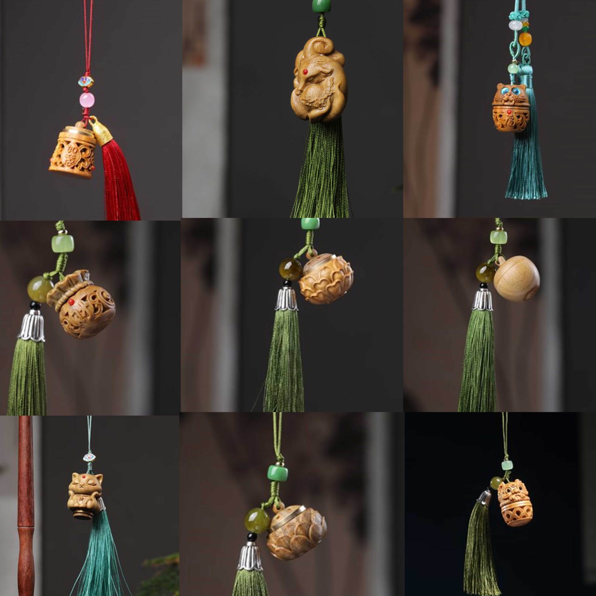 Green sandalwood lotus antique diffuser solid wood hollow carved men's and women's aromatherapy tassel key chain pendant pendant