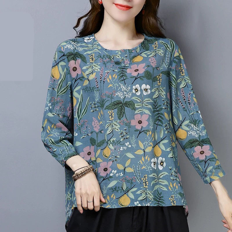 New Floral Long-Sleeved T-Shirt for Women, Spring & Fall, Large Size, Middle-Aged Mother's Clothing, Stylish Bottoming Shirt, Literary Style 056