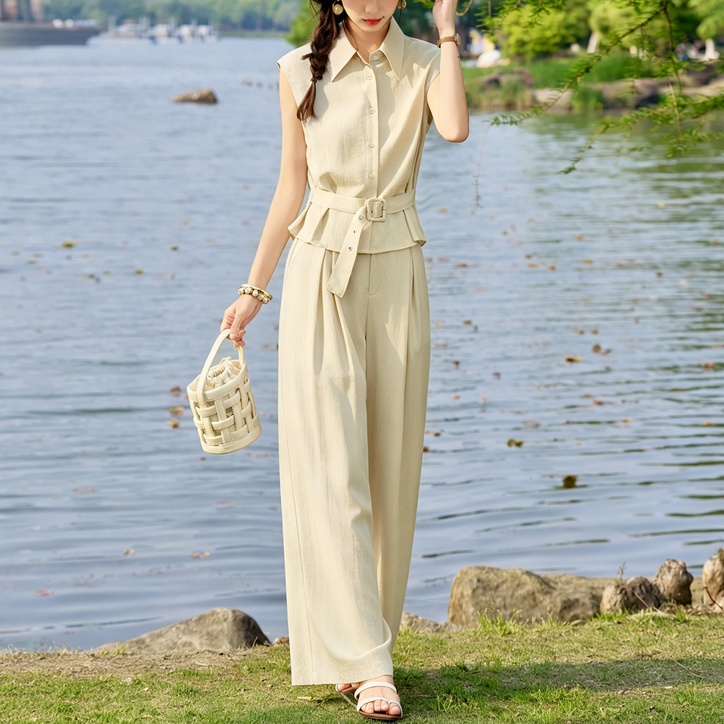 Linen Shirt Set for Women, Summer 2026 New Style, High-End Slimming and Figure-Flattering Sleeveless Old Money Style Wide-Leg Pants Two-Piece Set