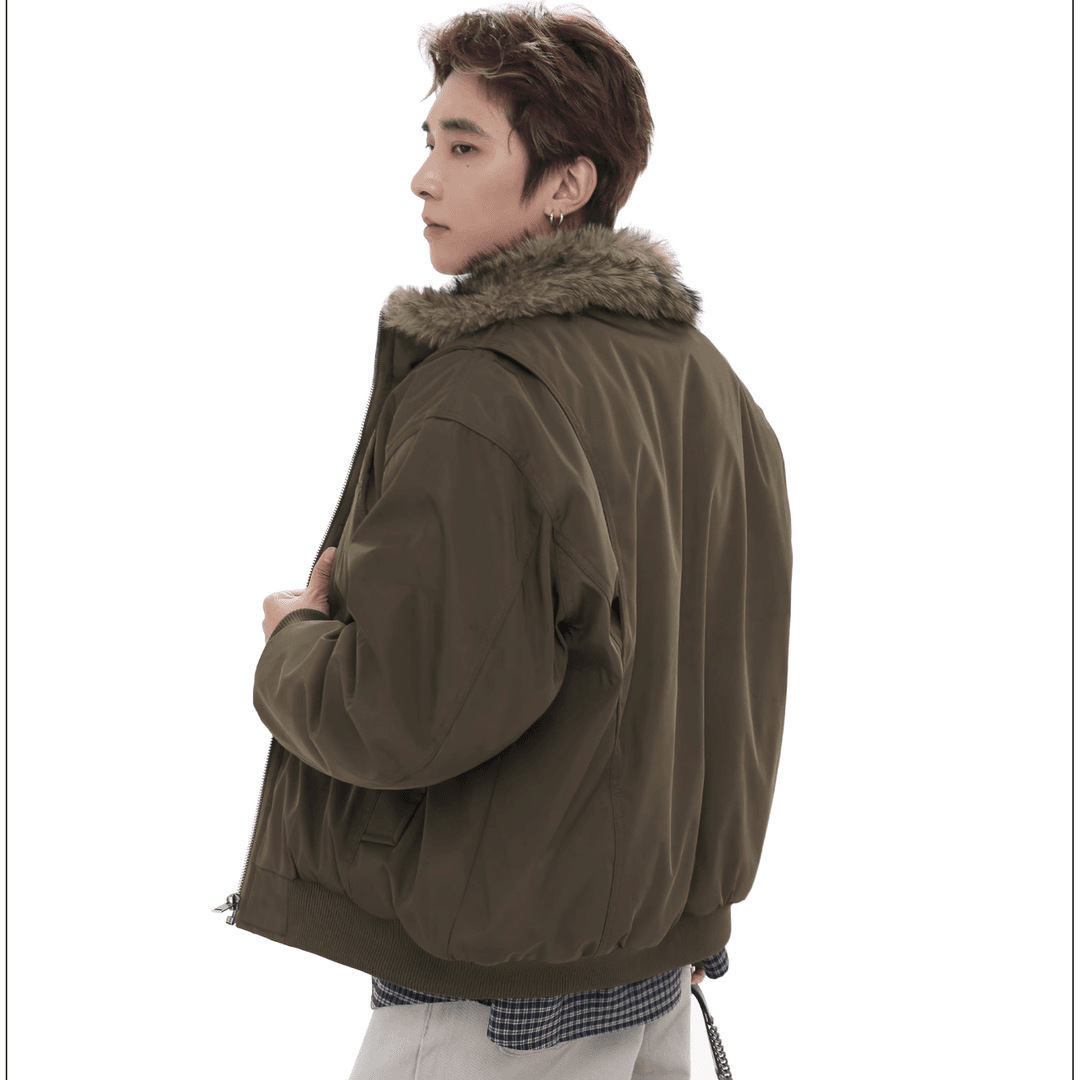 American Style Vintage High Street Mountain Carved Wool Collar Cotton-padded Jacket for Men and Women Couple's Aviator Jacket fleece-lined Warm Cotton-padded Clothes Fashion