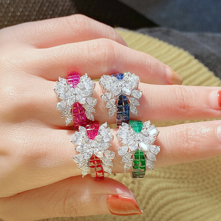 Live explosions luxury borderless rainbow bridge ring micro-inlaid with Diamond Eye stone emerald ring wholesale