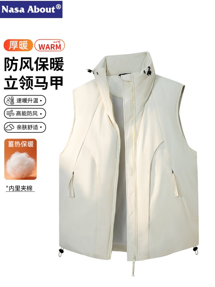 Nasa Patchwork Deconstructed Stand Collar down Cotton Vest Men's Winter Zipper Flap Pocket Pants Windproof Waistoutwear Sleeveless Vest Jacket