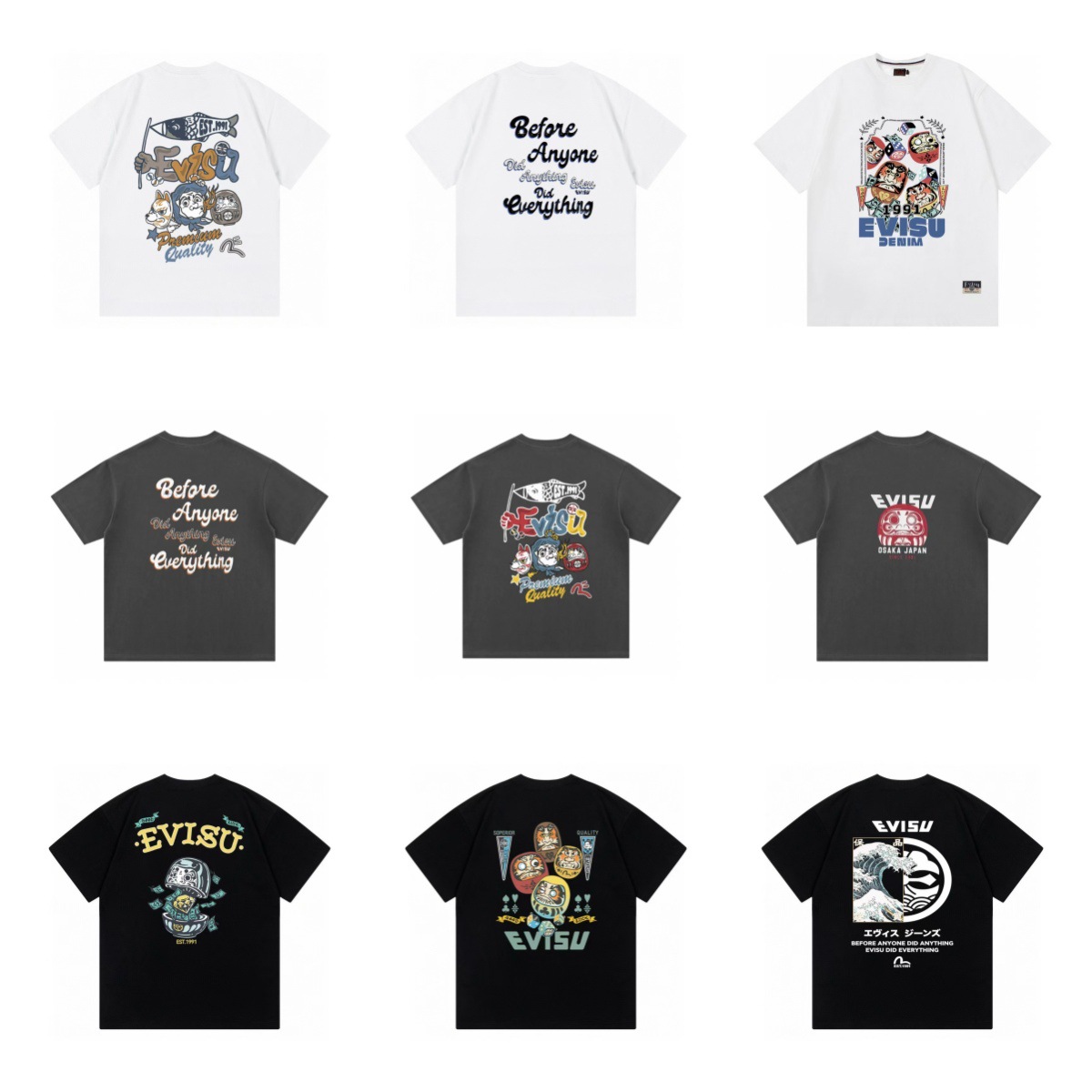 Cross-Border Ev Fushen Short-Sleeved Daruma Little Seagull Evisu Printed Heavy T-Shirt Trendy Brand Correct Version Summer Men and Women