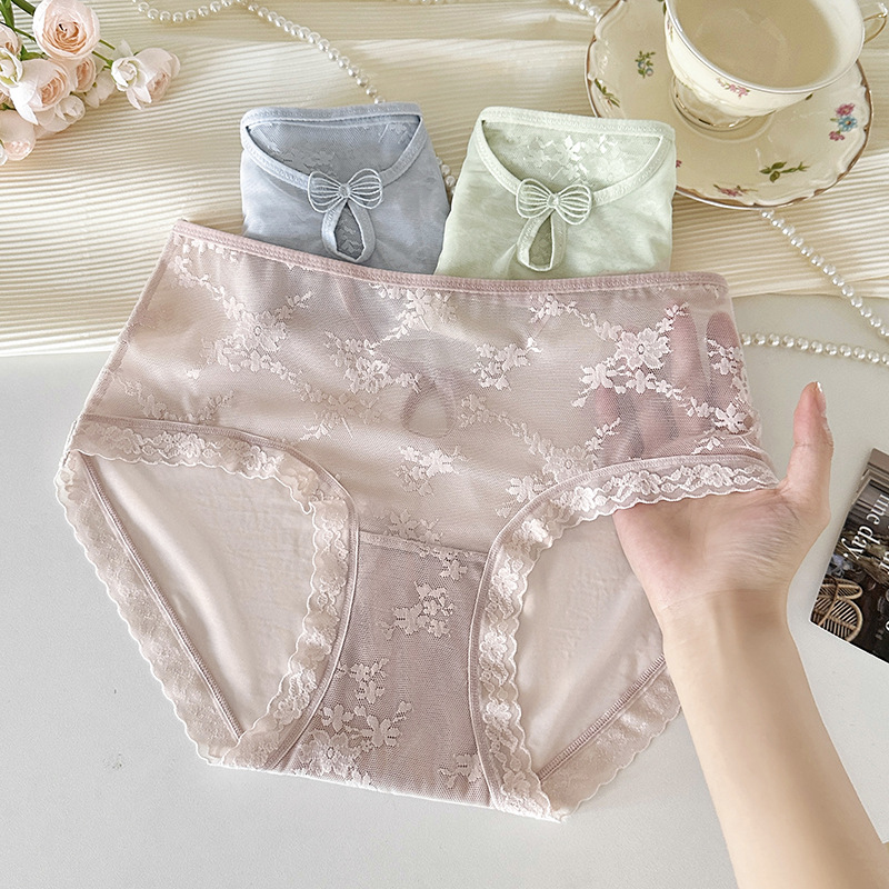 Lace Women's Panties Satin Sexy Mid-Waist Jacquard Pure Cotton Crotch Lace Splicing Pure Desire Seamless Hollow-Out Women's Panties