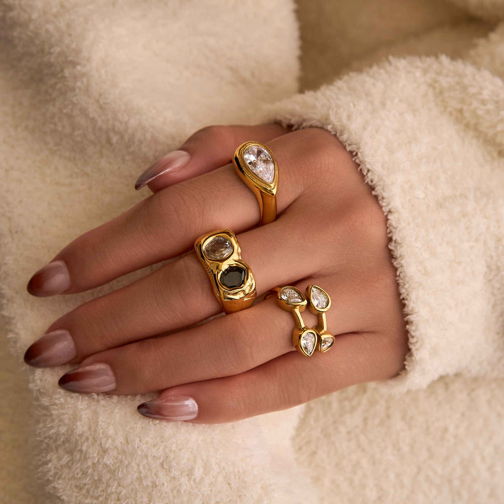Dazan Fashion Wholesale European and American Cross-Border 18K Real Gold Plated Ins Personalized Hip-Hop Color-Block Zircon Ring