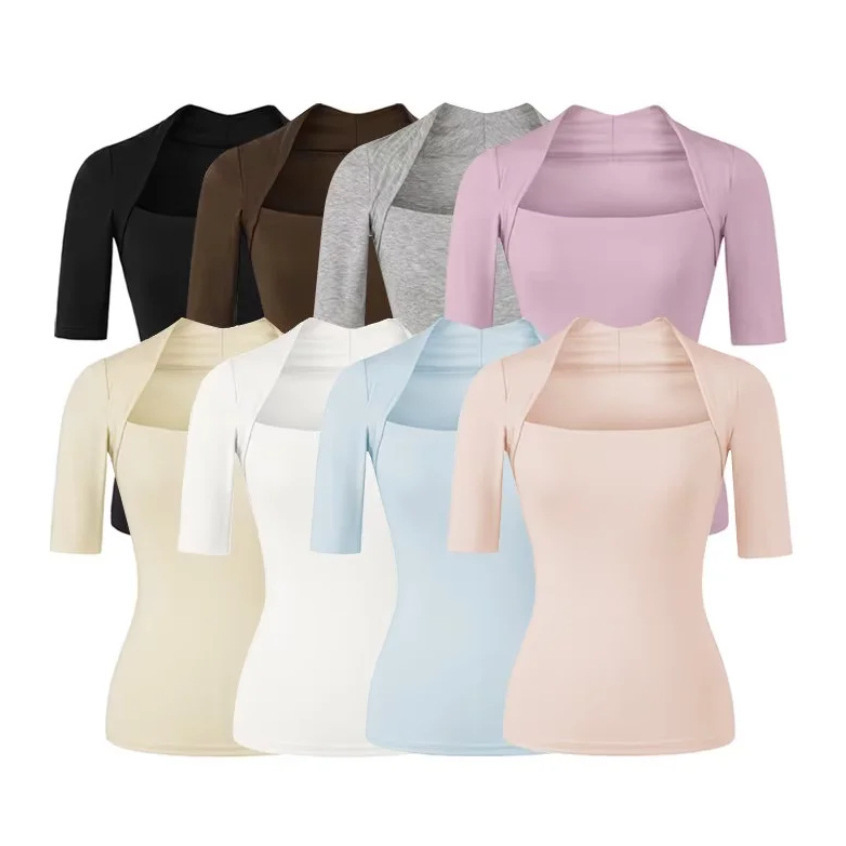 Trendy Slim-Fit Base Layer Top with Square Neck, Off-Shoulder Short-Sleeve T-Shirt, Stylish and Youthful Solid Color Pullover Top