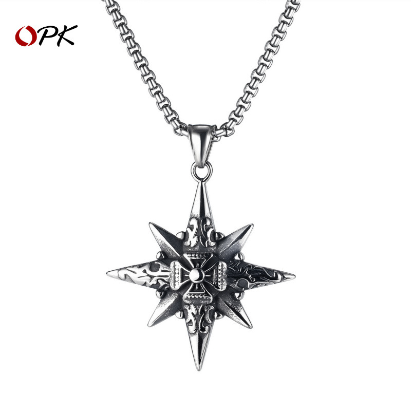 OPK jewelry personality trendy simple cross titanium steel men's necklace European and American fashion creative octagonal star pendant
