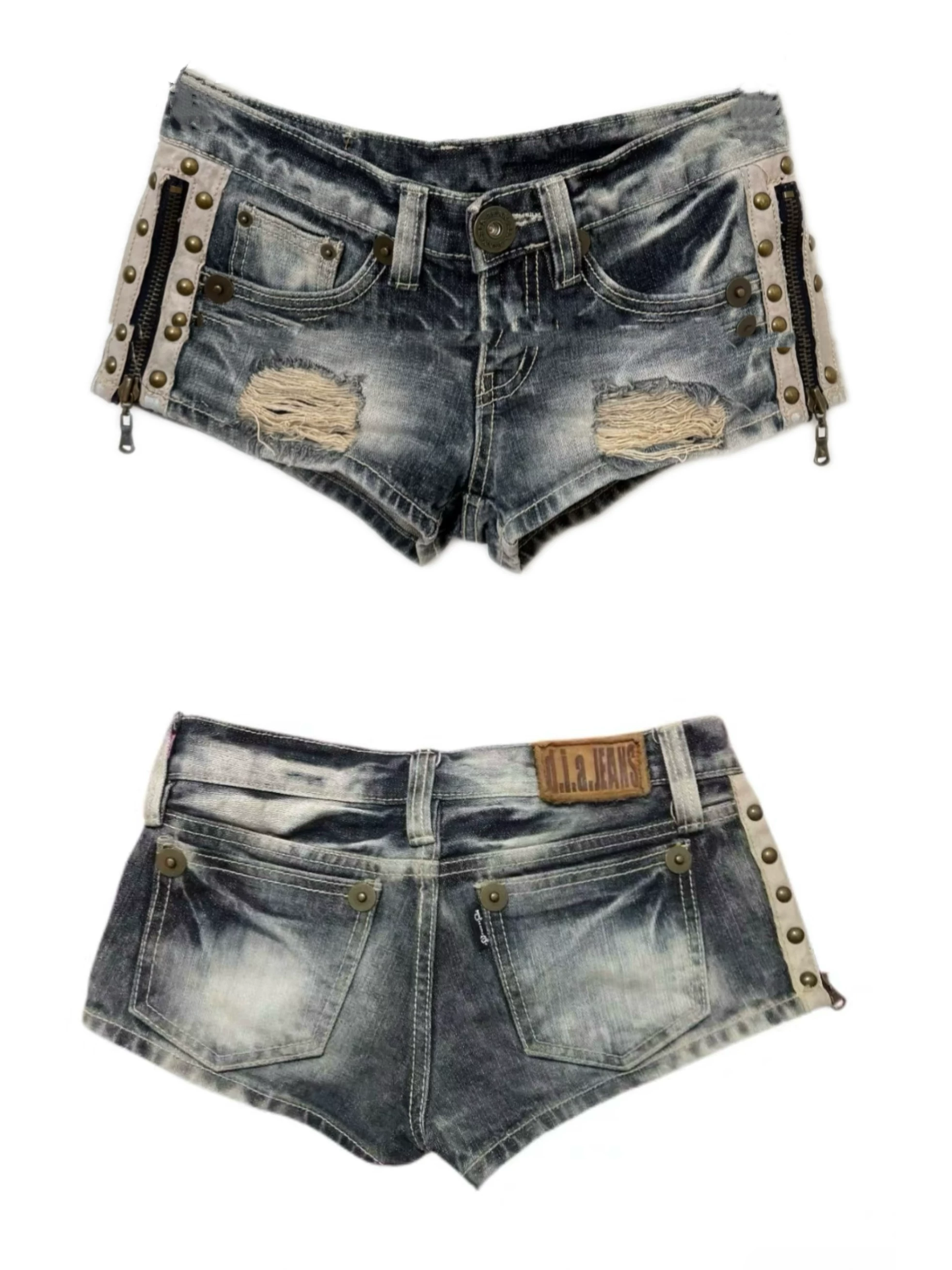 (Good Night) in Stock D.I.A Side Zipper Rivet American Retro Hot Girl Low-Waist Denim Ultra-Short Shorts
