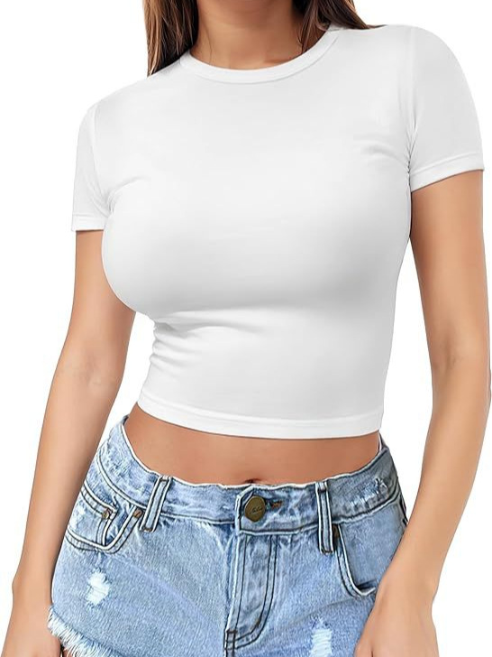 Cross-Border European and American Style Navel-Baring T-Shirt Sexy Summer Pullover Top for Women Thin Round Neck Fashionable Milk Silk Short Sleeves