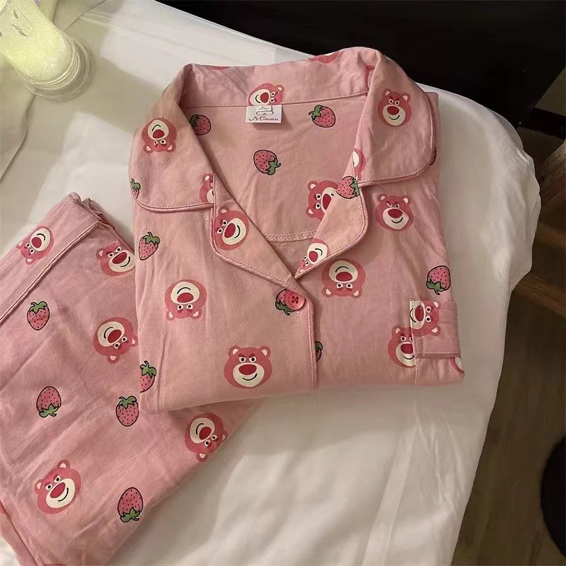 Strawberry Bear Pink Pajamas Women's Spring Autumn and Winter Loose Cute Cartoon Long Sleeve Trousers Home Clothes Two-piece Suit
