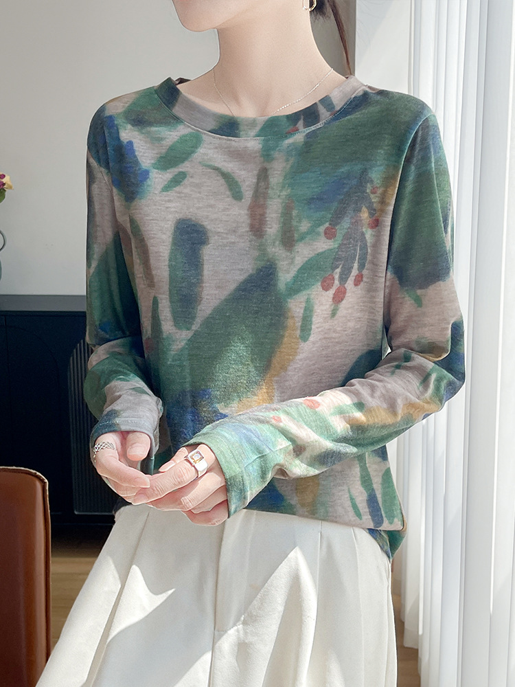 Retro Style Long-Sleeved T-Shirt for Women, Round Neck, Printed, Loose, Slimming, Versatile Top, Chinese Style Lyocell Thin Knitwear
