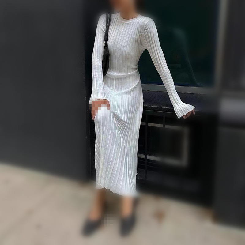 2026 Cross-Border Autumn and Winter New Knitted Dress Casual Waist-Cinching Round Neck Large Ribbed Slimming Knitted Long Dress for Women
