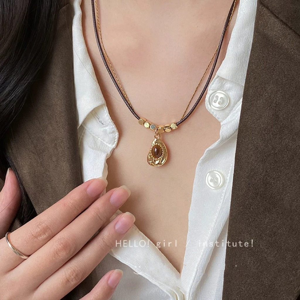 Maillard Vintage Tiger Eye Stone Double Layer Mang Star Pendant Necklace Women's Autumn and Winter High-end Sense Exquisite Beaded Woolen Chain