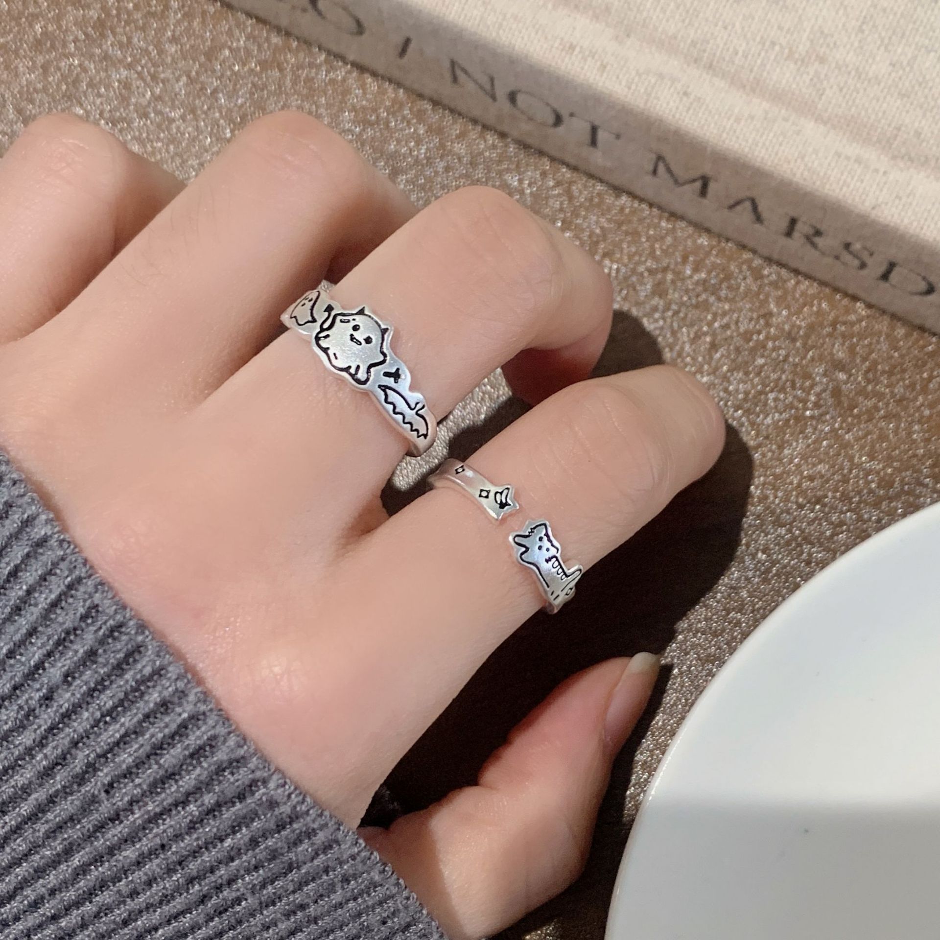 Sweet and Cool Stackable Cat Rings for Women, Retro Fashion, Simple and Versatile, Personalized Open Rings, Trendy Design, Index Finger Rings