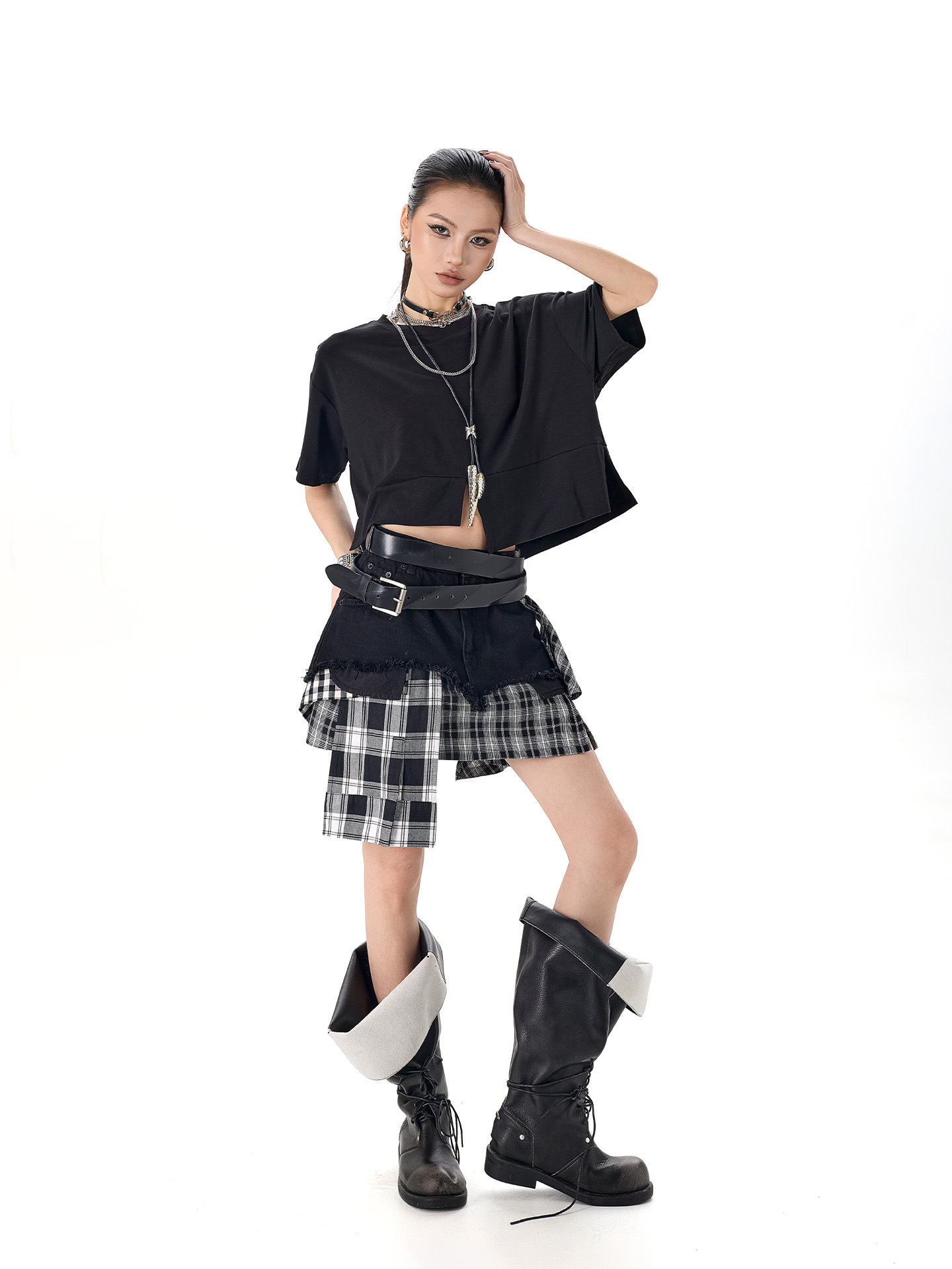 Togu Trendy Brand Hot Girl Denim Skirt for Women, American Style Irregular High-Waisted Slimming Patchwork Plaid Short A-Line Skirt