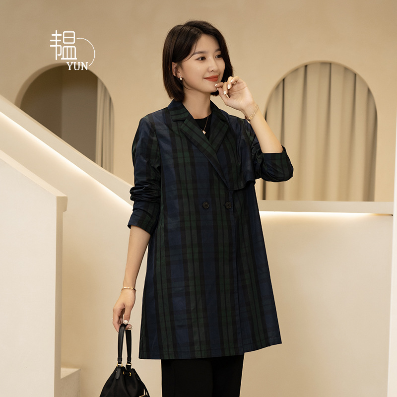 Yun Yun Spring Coat with Suit Collar, Double-Breasted Plaid, Stylish Casual Long-Sleeve Mid-Length Women's Trench Coat