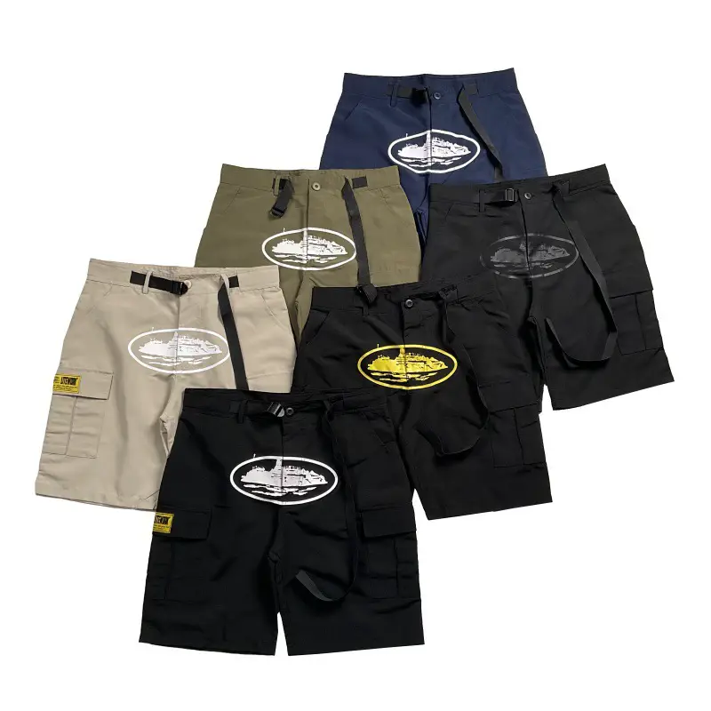 American High Street Fashion Brand Island Print Multi-Pocket Cargo Shorts Summer Casual Loose Unisex Knee-Length Shorts
