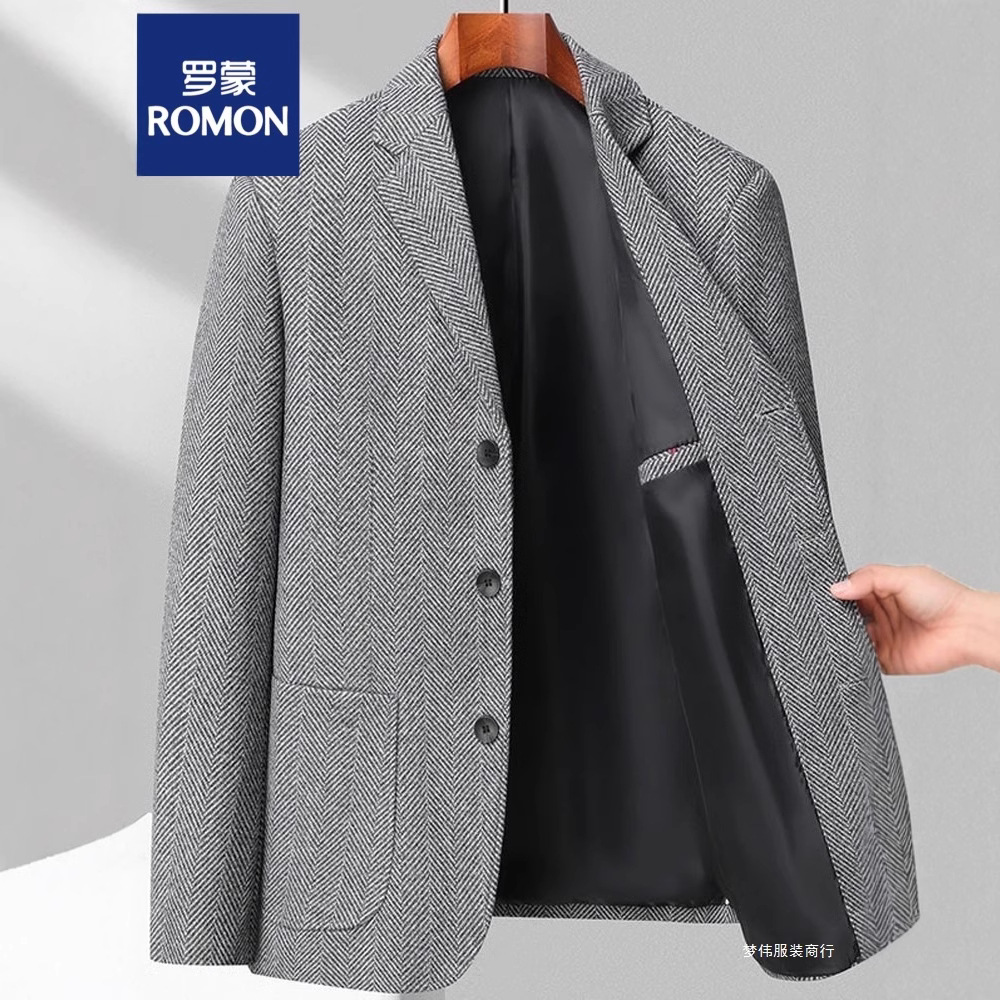 Romon Business Casual Wool Suit Men's Spring New Arrival Men's Korean Style Slim Fit Dad's Fashionable Single Xiwai Mengwei