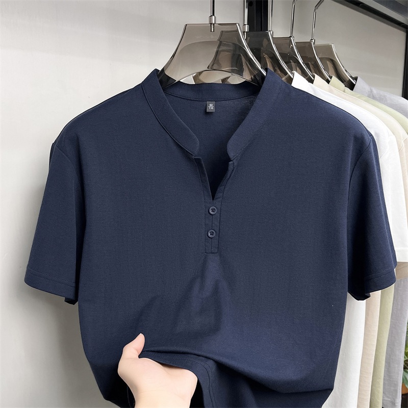 Retro Short-Sleeved Men's T-Shirt 2026 Summer New Style Casual Thin Cotton and Linen Stand-Up Collar Bottoming Shirt for Young and Middle-Aged Men