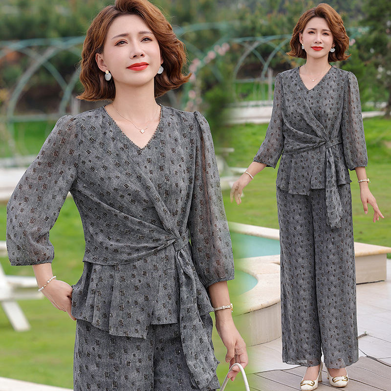 2026 New Summer Printed Suit for Women, Stylish Waist-Cinching Tie Shirt, High-Waisted Wide-Leg Pants, Slimming Two-Piece Set