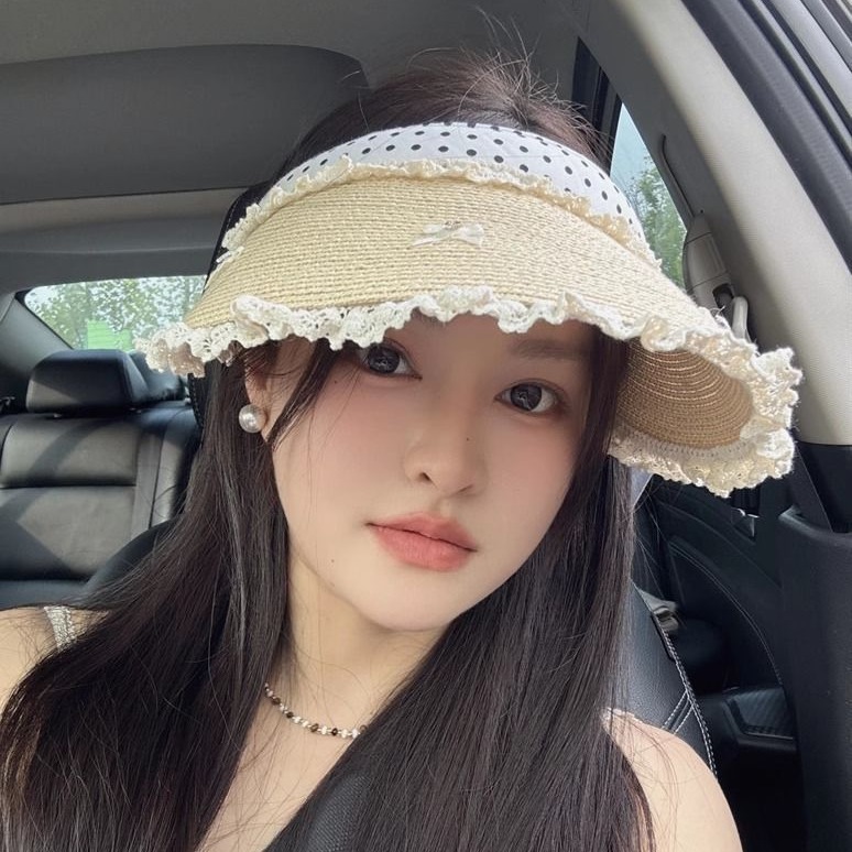 Small Fresh Style Bow Race Edge Sweet Empty Top Sunscreen Hat Women's Summer Anti-UV Shade Straw Hat Face Hats