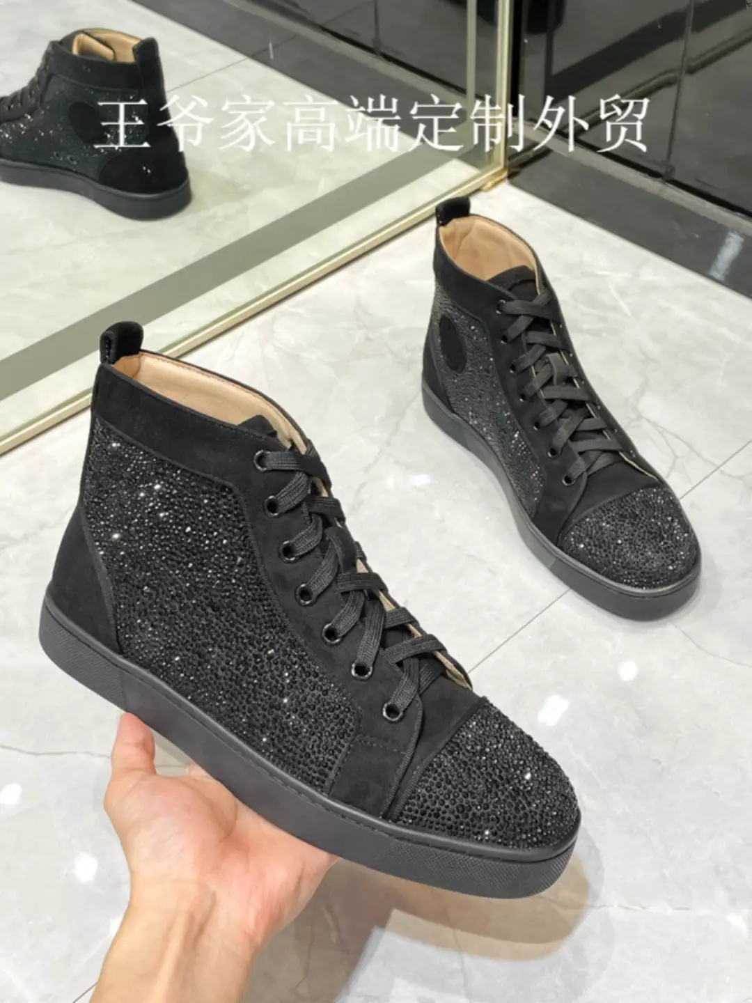 European style А cl men's high cut red soled shoes, women's full diamond rhinestone with velvet leather rivets, new plus plus plus plus plus size couple board shoes