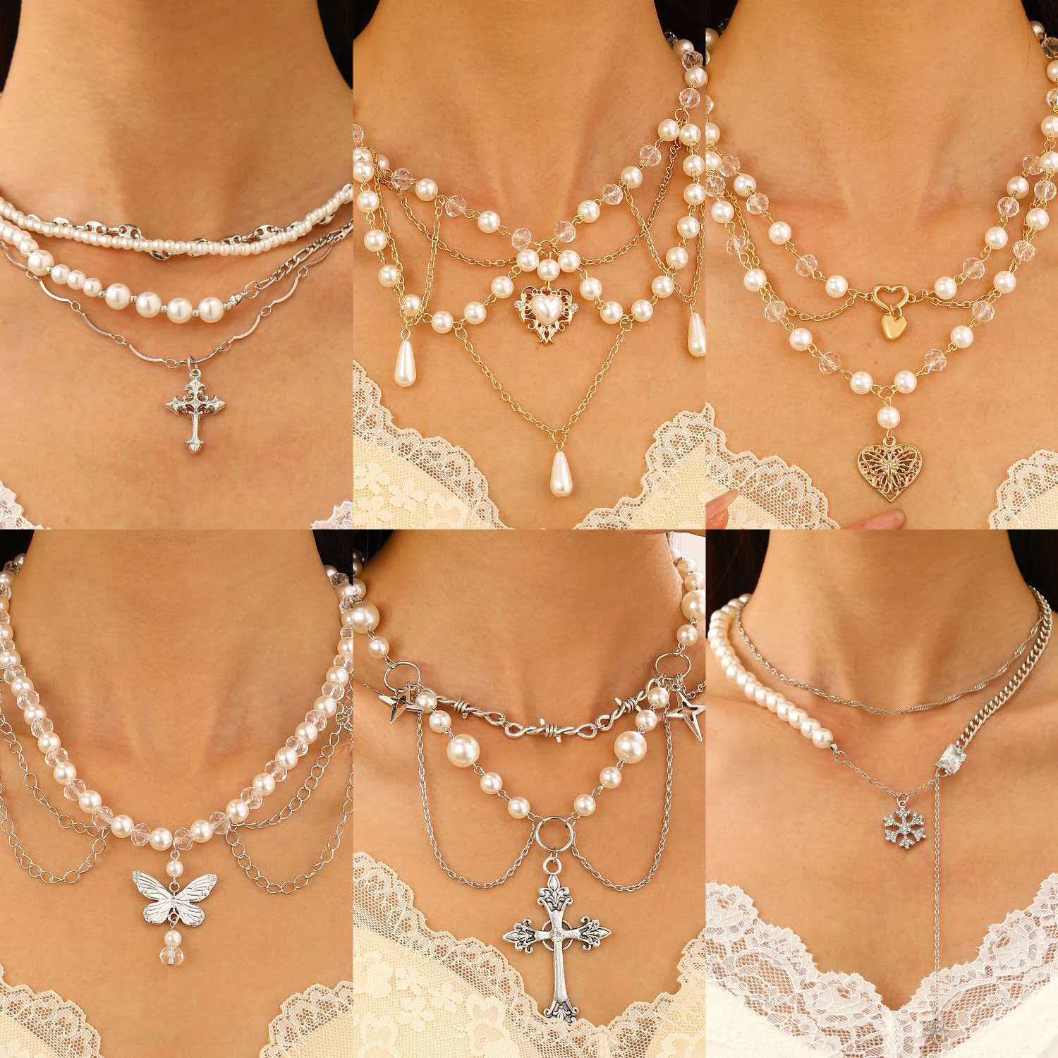 European and American cross-border jewelry niche design spicy girl imitation pearl tassel love cross butterfly all-match necklace for women