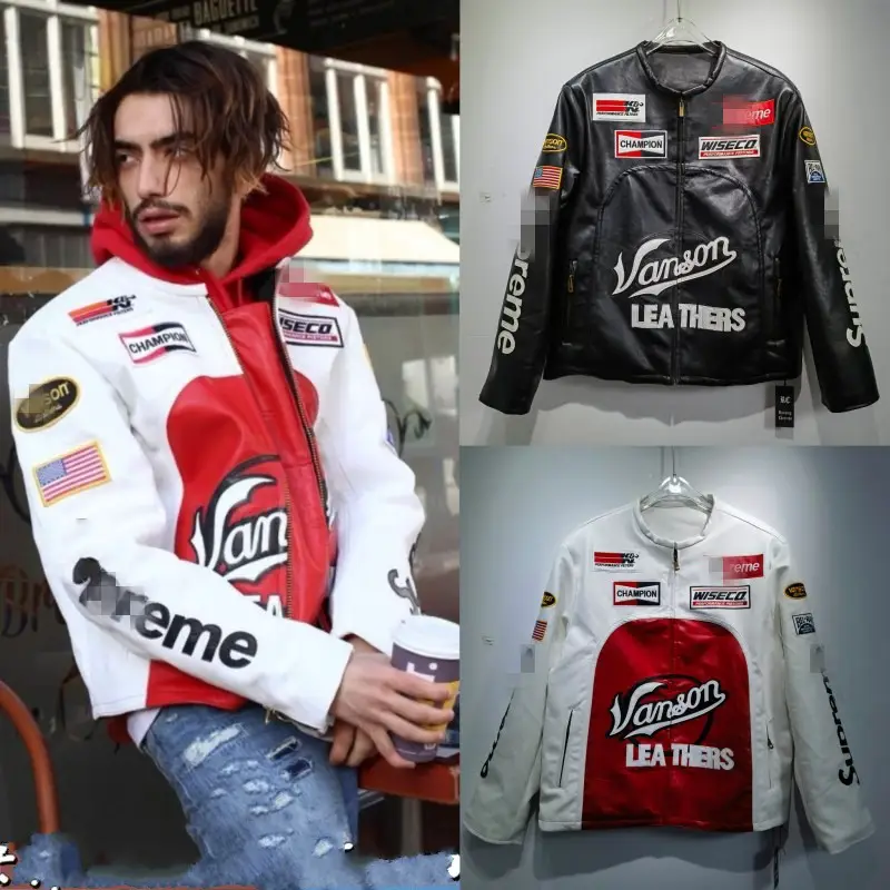 European and American Racing Baseball Uniforms Toronto Raptors Embroidered Pu Leather Sleeves Spliced ​​Plus Cotton Men's and Women's Motorcycle Jackets