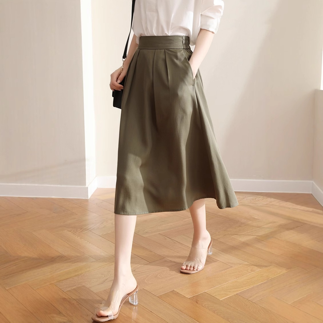 Tencel Skirt for Women 2026 Summer Fashion Elegant Feminine High-Quality Elastic Waist Slimming Solid Color A-Line Skirt