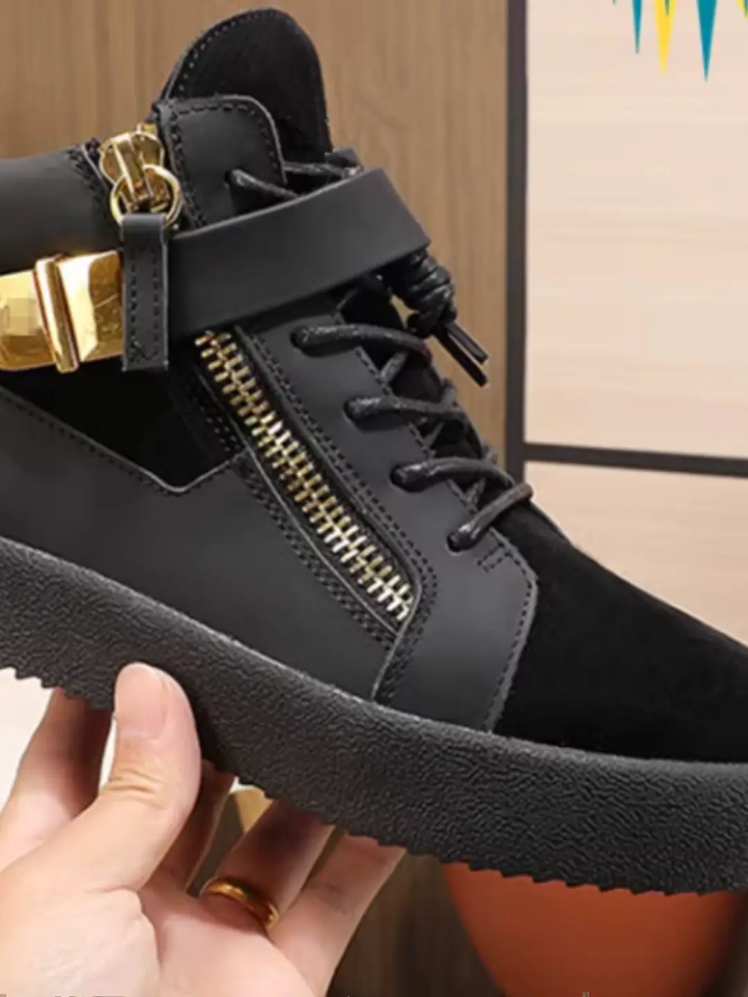 2023 New arrival Gz Men's Shoes High-Top Shoes Cowhide Shoes Women's Shoes Genuine Leather Black Velvet Double Gold Buckle Clаe Men's Shoes