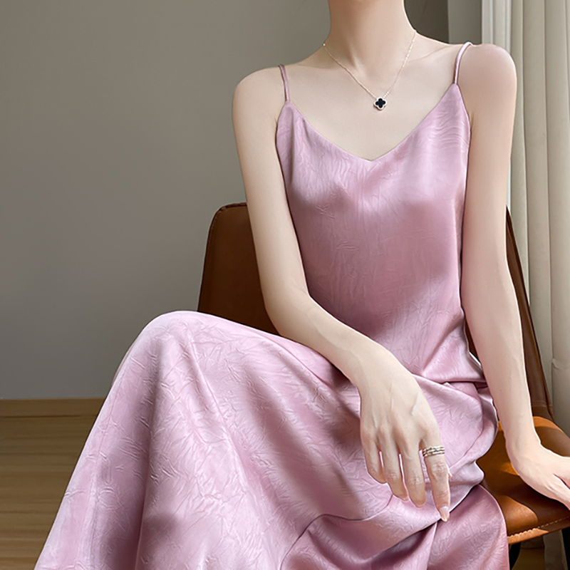 Super Stylish and Luxurious Acetate Spaghetti Strap Dress for Women, 2025 New Model, Pleated Jacquard Satin Long Dress