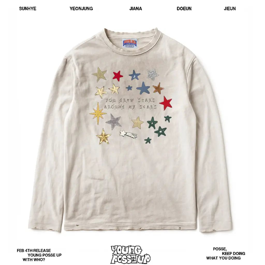 Subcultural version! Star Cute Washed, Used, Dirty Stained, Covered with Ancient Long Sleeve T-shirt, Children's Fun, Sweet, Cool, Loose Bottom