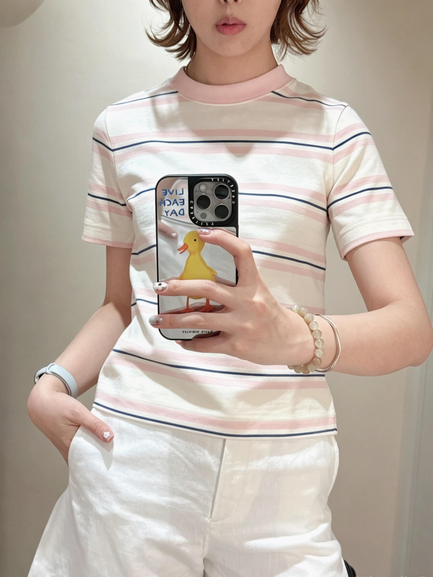 C Brand Standard Fit Round Neck T-Shirt with Pink Stripes, Short Sleeves, Summer 26, Commuting Style, Regular Shoulder, Loose Fit, Women's T-Shirt 1325526024