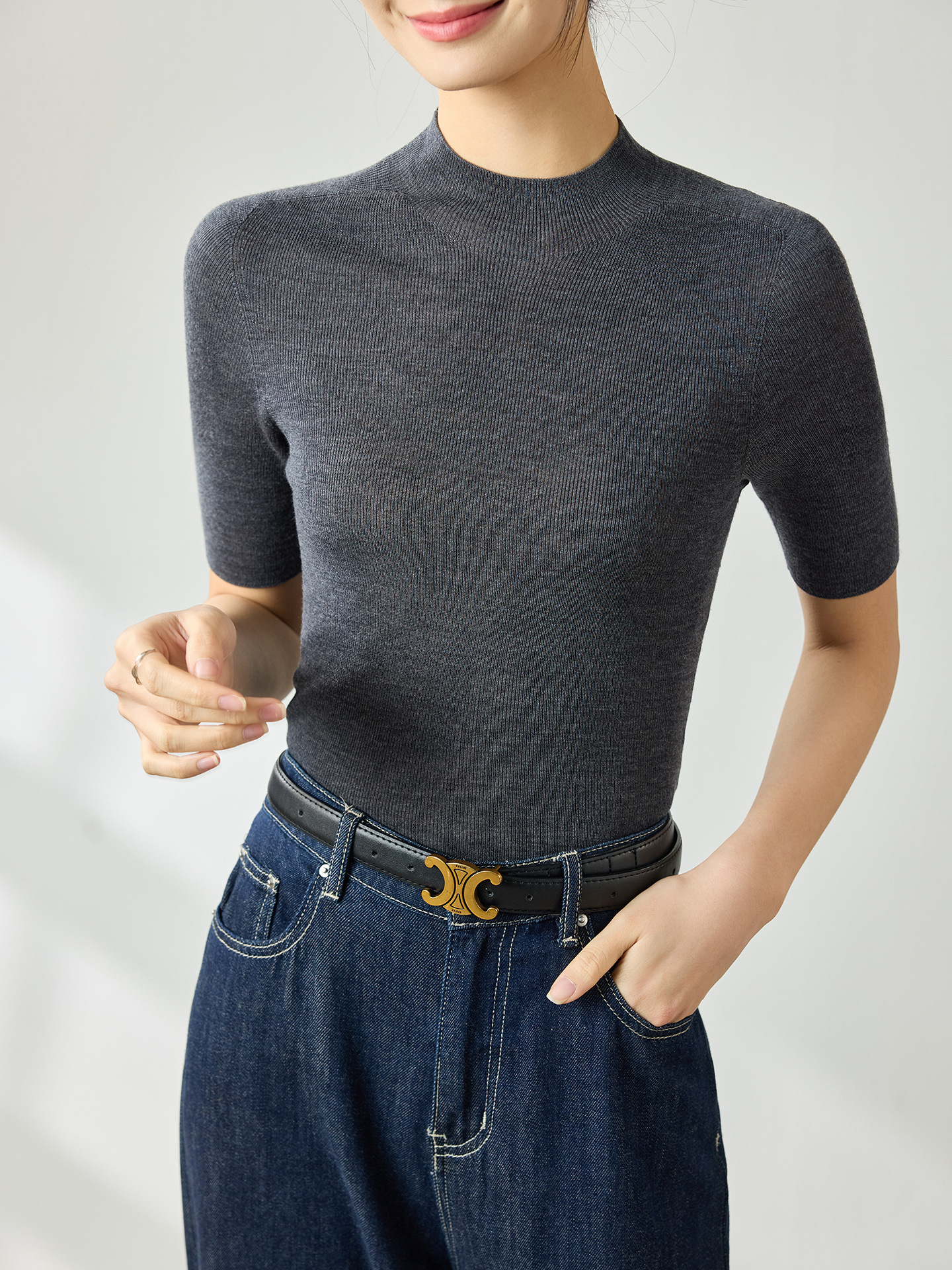 Machine Washable! Gray Yangtze Yarn Fine-Spun Wool Short-Sleeve Women's Half-Turtleneck Slim-Fit Knit Base Shirt