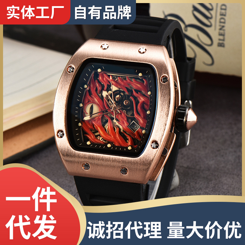 2024 Foreign Trade Barrel Devil's Eye Quartz Watch Luminous Non-Mechanical Hollow Flywheel Fashion Men's Wristwatch