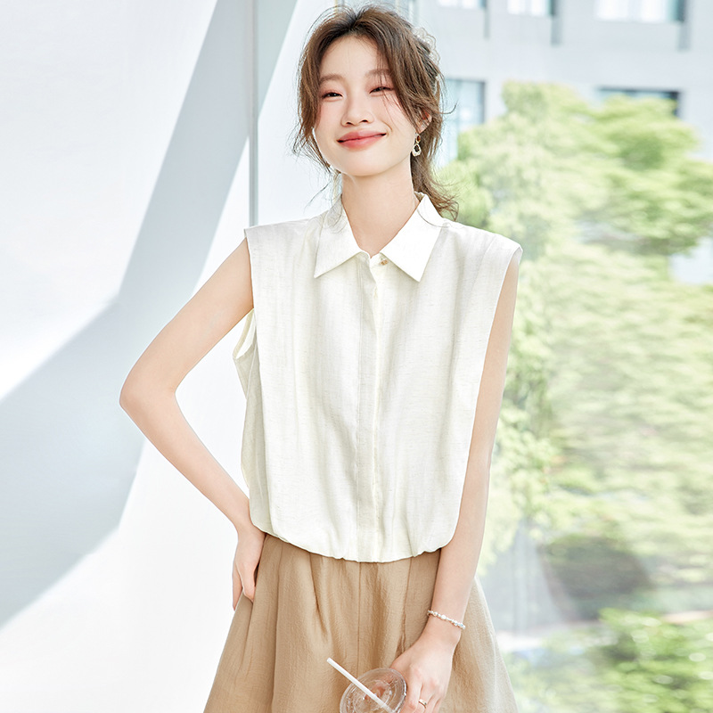 2025 Summer New Fashion French Top Design Sense Slimming Lace-up Lapel Sleeveless Shirt Women's Linen Shirt