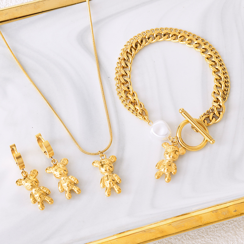 Korean-style cartoon animal letter bear necklace earrings buckle suit stainless steel double-layer buckle pearl bracelet for women