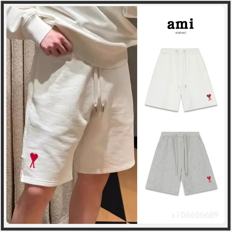 Ami Shorts with Small Heart Embroidery, Casual Straight-Leg Summer New Five-Point Shorts, Classic Sports Drawstring Women's Sweatpants
