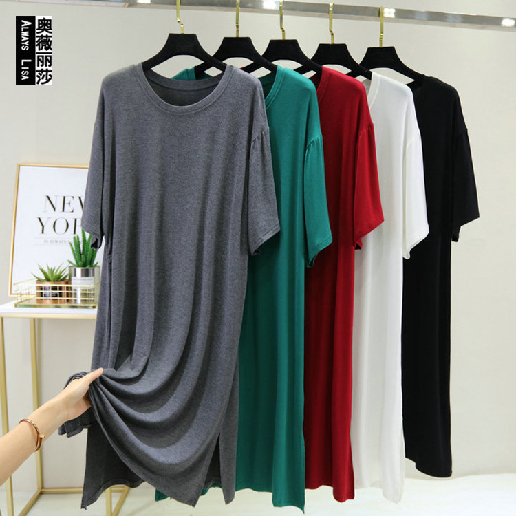 Spring Large Size Short Sleeve Dress Women's 2020 New Round Neck Base Split Skirt Summer Slim Modal Dress